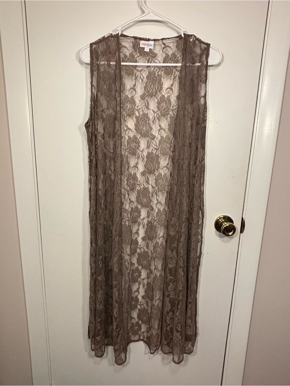 LuLaRoe Joy Lace Duster Vest Small Brown Taupe Floral Long Sheer Boho